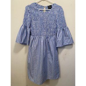 BEIGE by eci Mid Knee Length Dress Smocked Bodice & Upper Sleeves Mod Slimming S